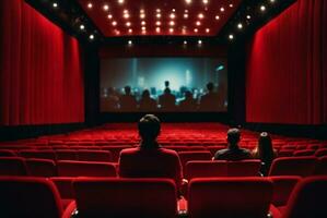 cinema auditório com vermelho assentos e projetor tela. costas Visão do irreconhecível pessoas sentado dentro cinema corredor. ai generativo foto