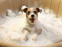 sereno cachorro desfrutando uma massagem às uma animal spa ai generativo foto