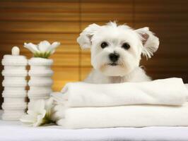 sereno cachorro desfrutando uma massagem às uma animal spa ai generativo foto