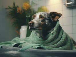 sereno cachorro desfrutando uma massagem às uma animal spa ai generativo foto