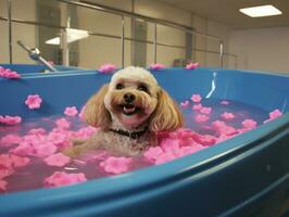 sereno cachorro desfrutando uma massagem às uma animal spa ai generativo foto