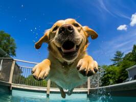 molhado e alegre cachorro saltando para dentro uma piscina em uma quente verão dia ai generativo foto