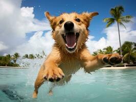 molhado e alegre cachorro saltando para dentro uma piscina em uma quente verão dia ai generativo foto