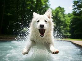 molhado e alegre cachorro saltando para dentro uma piscina em uma quente verão dia ai generativo foto