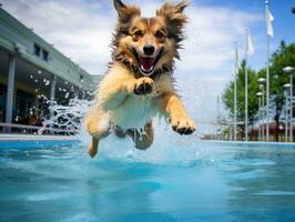 molhado e alegre cachorro saltando para dentro uma piscina em uma quente verão dia ai generativo foto