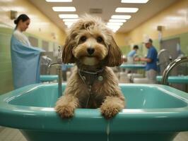 sereno cachorro desfrutando uma massagem às uma animal spa ai generativo foto