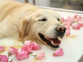 sereno cachorro desfrutando uma massagem às uma animal spa ai generativo foto