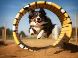 espirituoso cachorro corrida através a agilidade curso ai generativo foto