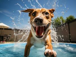 molhado e alegre cachorro saltando para dentro uma piscina em uma quente verão dia ai generativo foto