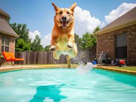 molhado e alegre cachorro saltando para dentro uma piscina em uma quente verão dia ai generativo foto