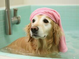 sereno cachorro desfrutando uma massagem às uma animal spa ai generativo foto