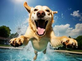 molhado e alegre cachorro saltando para dentro uma piscina em uma quente verão dia ai generativo foto