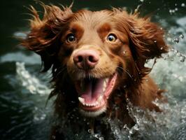 molhado e alegre cachorro saltando para dentro uma piscina em uma quente verão dia ai generativo foto