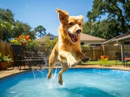 molhado e alegre cachorro saltando para dentro uma piscina em uma quente verão dia ai generativo foto