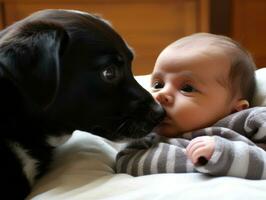 amoroso cachorro nuzzling uma recém-nascido bebê dentro uma berço ai generativo foto