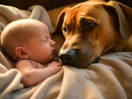 amoroso cachorro nuzzling uma recém-nascido bebê dentro uma berço ai generativo foto