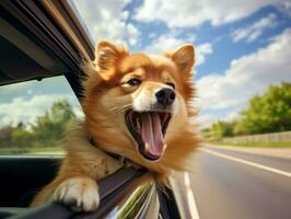 feliz cachorro equitação dentro uma carro com Está cabeça Fora a janela ai generativo foto