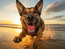 feliz cachorro jogando em a de praia ai generativo foto