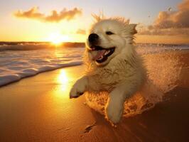 feliz cachorro jogando em a de praia ai generativo foto