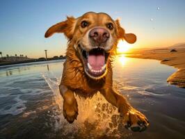 feliz cachorro jogando em a de praia ai generativo foto