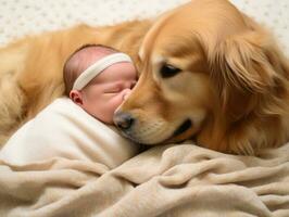 amoroso cachorro nuzzling uma recém-nascido bebê dentro uma berço ai generativo foto