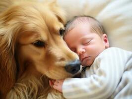 amoroso cachorro nuzzling uma recém-nascido bebê dentro uma berço ai generativo foto