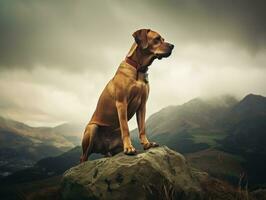 majestoso cachorro em pé orgulhosamente em uma montanha pico ai generativo foto