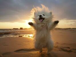 feliz cachorro jogando em a de praia ai generativo foto