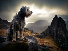 majestoso cachorro em pé orgulhosamente em uma montanha pico ai generativo foto