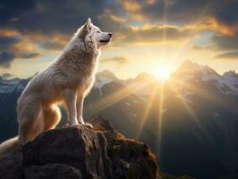 majestoso cachorro em pé orgulhosamente em uma montanha pico ai generativo foto