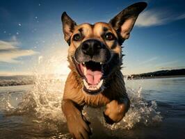 feliz cachorro jogando em a de praia ai generativo foto