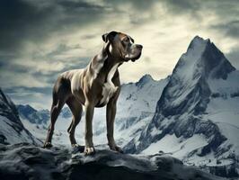 majestoso cachorro em pé orgulhosamente em uma montanha pico ai generativo foto