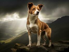 majestoso cachorro em pé orgulhosamente em uma montanha pico ai generativo foto