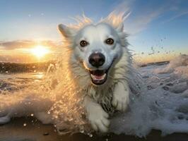 feliz cachorro jogando em a de praia ai generativo foto