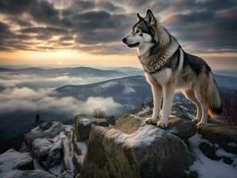 majestoso cachorro em pé orgulhosamente em uma montanha pico ai generativo foto