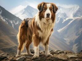 majestoso cachorro em pé orgulhosamente em uma montanha pico ai generativo foto