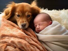 amoroso cachorro nuzzling uma recém-nascido bebê dentro uma berço ai generativo foto