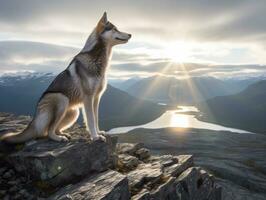 majestoso cachorro em pé orgulhosamente em uma montanha pico ai generativo foto