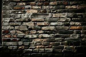 rude velho tijolo parede, construído com resistido pedra, vangloria-se personagem ai gerado foto
