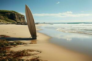 solitário prancha de surfe em a intocado e sereno selvagem de praia ai gerado foto