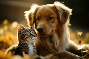 alegre interação entre uma sorridente de raça pura cachorro e uma brincalhão gatinho ai gerado foto