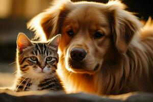 inocência e brincadeira uma sorridente cachorro e gatinho vinculo ai gerado foto