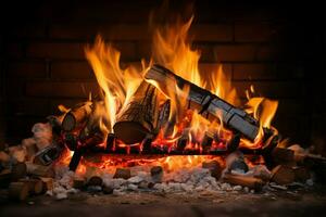 chamas e cinza emergir a partir de uma queimando madeira forno, aquecimento arredores ai gerado foto