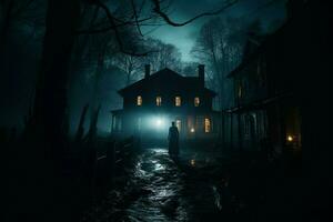 assombrada casas sinistro ambiente, com à espreita fantasma e estranho janelas ai gerado foto