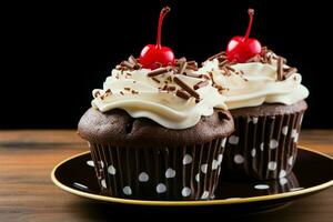 indulgente chocolate Bolinho, uma doce deleite com uma vermelho cereja ai gerado foto