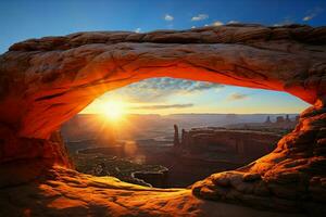 icônico mesa arco emoldurado de a natureza do Canyonlands nacional parque ai gerado foto