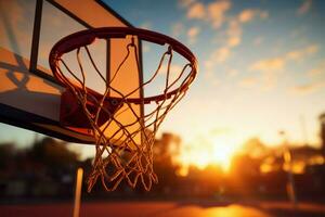 basquetebol aro brilhos dentro a luz solar, uma símbolo do esporte ai gerado foto