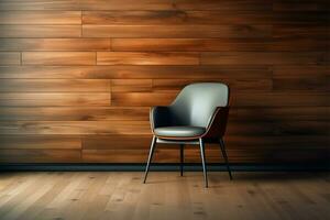 contemporâneo cadeira e texturizado de madeira parede com marmorizado chão fundo ai gerado foto