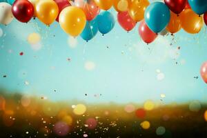balões dentro vibrante cores em uma confete preenchido, feliz texturizado pano de fundo ai gerado foto