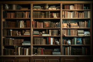 abundante velho formado livros graça uma grande de madeira biblioteca estante de livros ai gerado foto